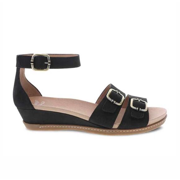 Dansko Astrid Wedge Sandals Nubuck Leather Scotchgard Ankle Strap Buckle Black 8 - Picture 1 of 7